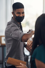 Business people, mask or elbow greeting in office for covid safety, compliance or social distancing. Employees, PPE or hello in workplace with policy, rules or virus awareness with smile for teamwork