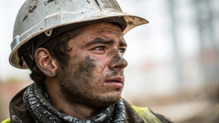 portrait of a man in dirty helmet Intense Black-and-White Portrait of a Construction Worker with Dirt and Sweat, Capturing the Toughness of Labor"