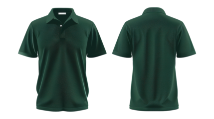 Green polo shirt, front and back view, on a white isolated background.