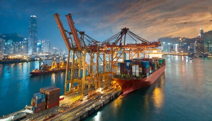Fototapeta premium Busy port with large cargo ship loading colorful containers under a bright blue sky