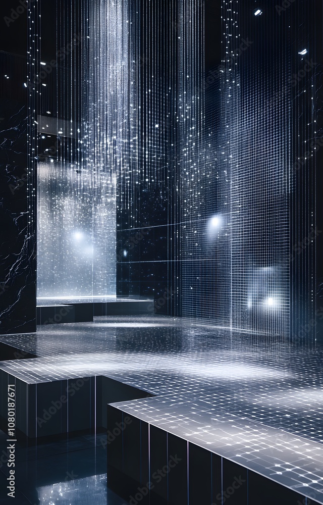 Poster 83. a high-tech 3d display with digital grids and soft lighting, leaving a wide open area for a prod