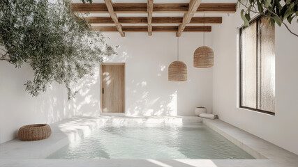 A Serene Minimalist Poolside Retreat With White Walls and Natural Light Enhancing Tranquility