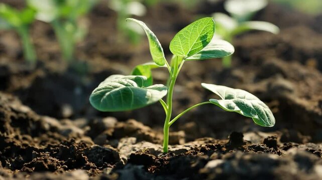 A soybean plant growing from the soil in the garden	
