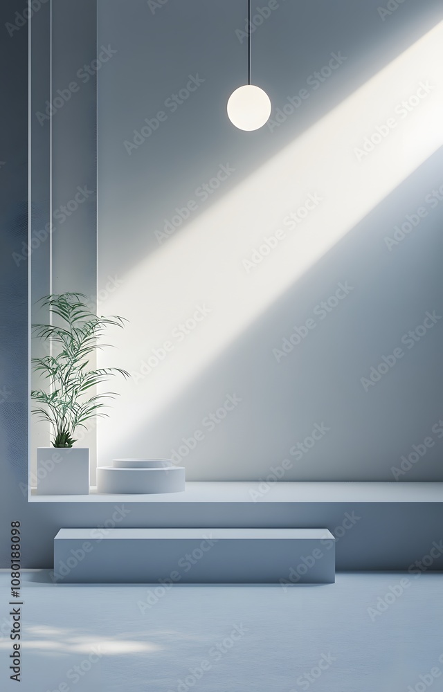 Poster 84. a modern minimalist 3d stage with geometric floating shapes and soft lighting effects, creating 