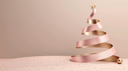 Elegant minimalist Christmas tree made from a luxurious pink ribbon with a golden star on top, set against a pastel background.