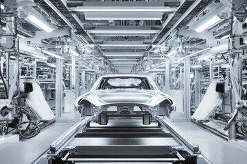 Obraz premium Minimalistic Factory Conveyor with Vehicle Frame for Industrial Design Print