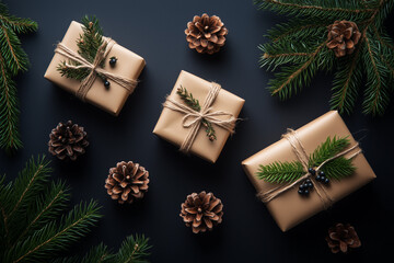 hristmas gift boxes and tree branches on the table background.....