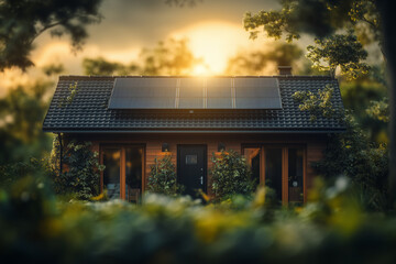 Fototapeta premium Modern house in dense forest with solar battery panels on roof.....