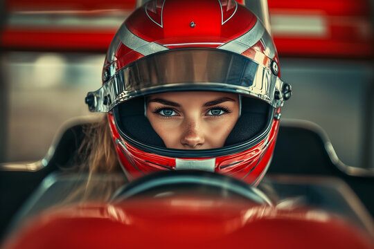 Girl in helmet driving racing car, Formula 1 pilot...