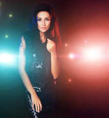 Disco, party and portrait of woman in studio for rave, celebration and new years eve event at...
