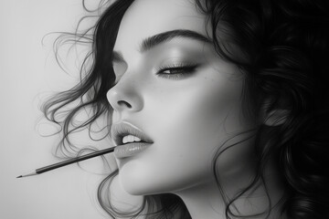 Obraz premium Portrait of a young girl with a pencil in her mouth, artist...