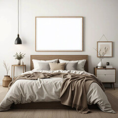 Cozy Bedroom with Large Empty Frame Above Bed