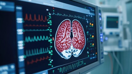 Brain activity in cerebral care after stroke, focus on recovery, deep contrast, double exposure silhouette with medical monitoring