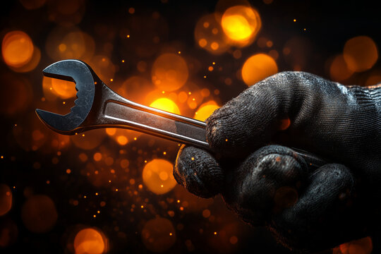 Wrench in worker hand close up background...