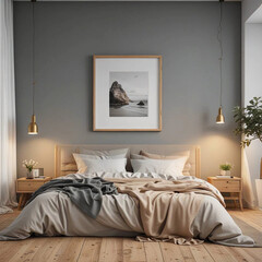 Cozy Bedroom with Large Empty Frame Above Bed