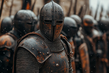 Army of medieval knights in heavy armor on the background of a fortress.