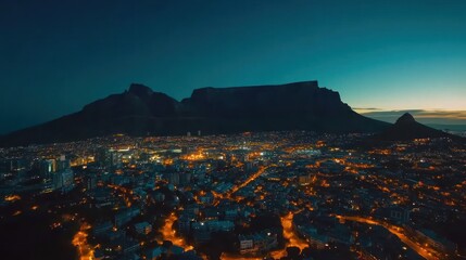 Night View of City with Mountain Silhouette