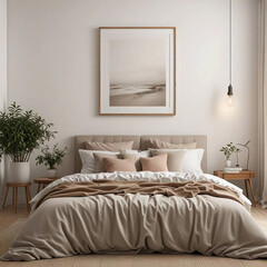 Cozy Bedroom with Large Empty Frame Above Bed