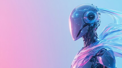 Obraz premium A light blue technology style background with a translucent blue to pink purple gradient of flowing ribbons. 