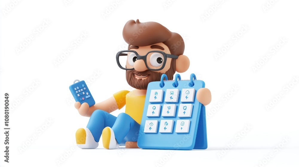 Poster a 3d character with glasses holds a phone and a calendar, symbolizing organization and planning.