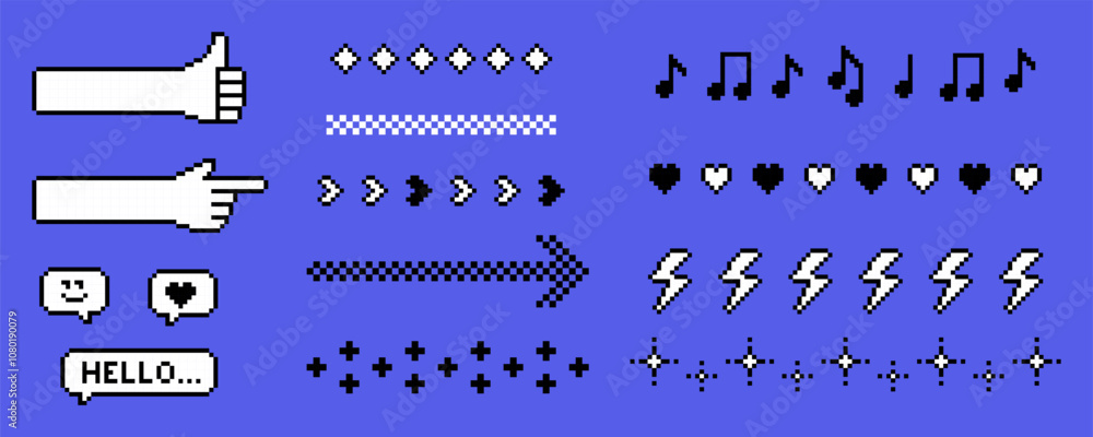 Fototapete page breaks design. y2k pixel art text dividers set. simple geometric line pattern with long arrow, 