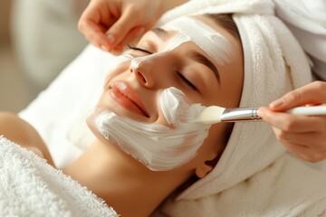 A woman is treating herself to a luxurious spa facial for rejuvenation and relaxation. The experience offers pampering and professional skin care for a rejuvenated and glowing appearance