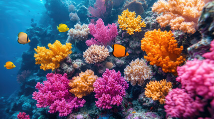 Obraz premium A lively coral reef teems with colorful corals and fish, showcasing the beautiful underwater biodiversity in bright daylight conditions
