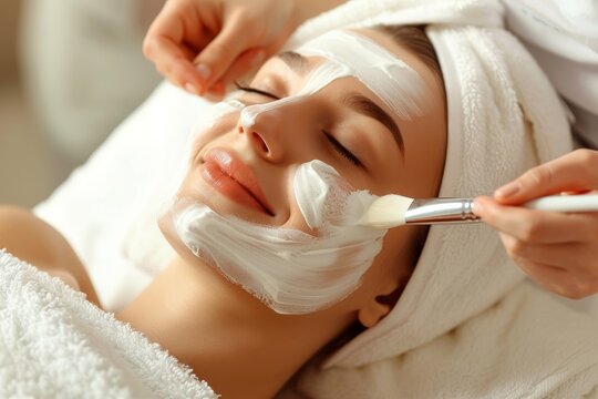 A woman is treating herself to a luxurious spa facial for rejuvenation and relaxation. The experience offers pampering and professional skin care for a rejuvenated and glowing appearance