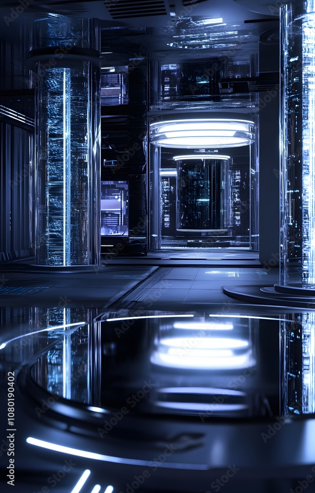 Poster 88. a futuristic 3d showcase with dynamic lighting effects and abstract structures, leaving an empty