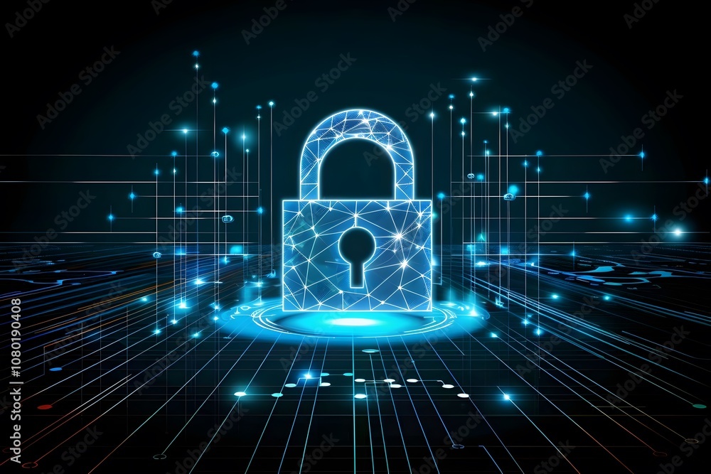 Poster a digital lock symbolizing cybersecurity and data protection in a futuristic setting.
