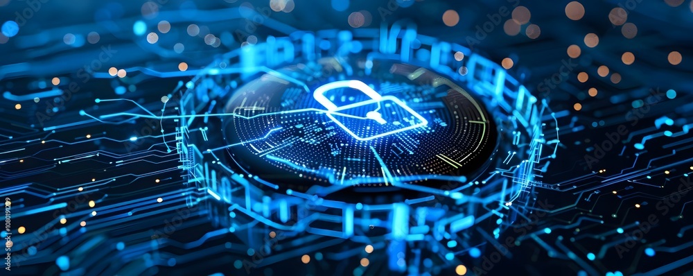 Aufkleber digital lock symbol on a circuit board, representing cybersecurity and data protection.