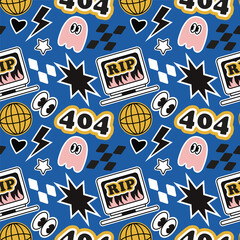 Vector seamless pattern with computers and y2k icons. Modern design for fabric and paper, surface textures. 
