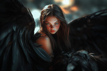 Beautiful harpy girl with black wings posing on dark background...