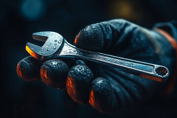 Wrench in worker hand close up background...