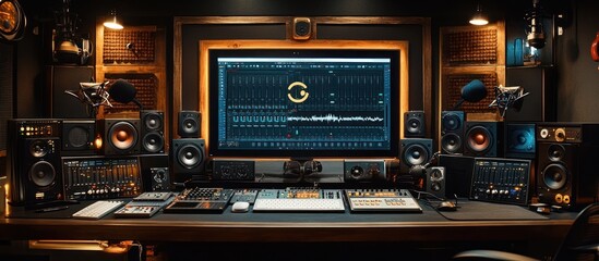 Fototapeta premium Professional home recording studio with a computer, mixing board, and monitors.