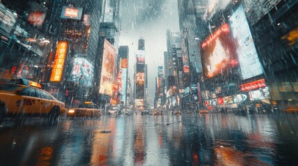 Obraz premium Rain-soaked cityscape with bright neon signs reflecting on wet pavement, New York City.