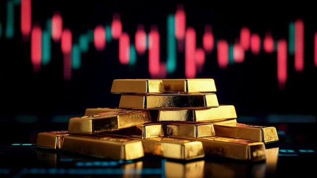 Lingotes de oro con gr&aacute;ficos de mercado en movimiento, s&iacute;mbolo de riqueza e inversi&oacute;n financiera.