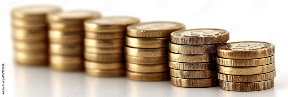 Poster various stacks of golden coins are arranged in a pattern of increasing height, symbolizing wealth ac