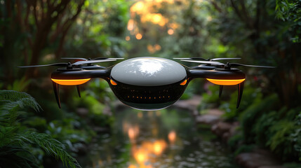 A drone hovers gracefully above a tranquil stream in a dense forest, illuminated by the warm glow of the setting sun