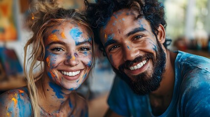 Partners painting together, happy, covered in paint, in art studio.