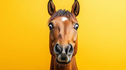 Close-up portrait of a brown horse with wide, startled eyes against a yellow background.