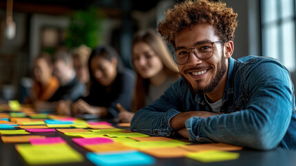 Group of young adults engaged in teamwork, brainstorming ideas using vibrant sticky notes in a stylish, well-lit workspace