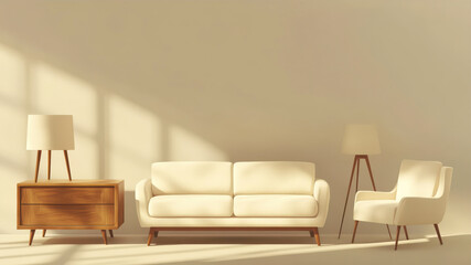 Elegant Mid-Century Modern Living Room With Light Colors and Stylish Wooden Furniture