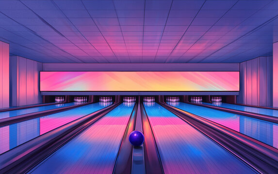 Energetic bowling scene with rainbow-colored balls, glowing neon signage, and a dynamic perspective of the lanes