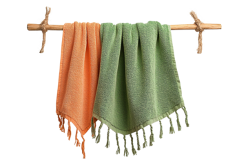 Two vibrant towels hanging on a wooden rack, featuring orange and green colors, perfect for adding a pop of color.