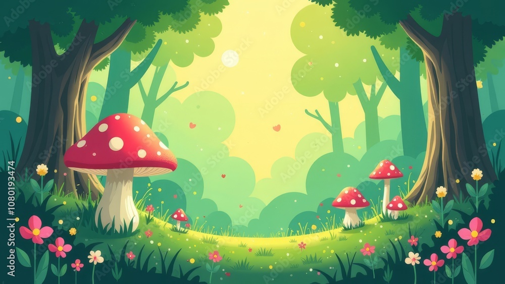 Poster a forest scene with a path and a bunch of mushrooms