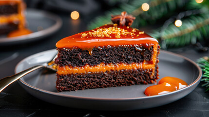 Sacher - Torte Day. A rich chocolate cake slice with vibrant orange caramel glaze, garnished with golden sprinkles and served on a dark plate, creating a festive atmosphere.
