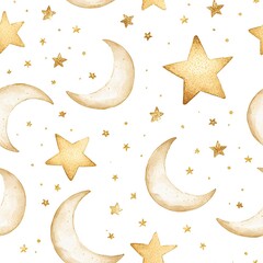 Golden Moons Stars Seamless Pattern Celestial Night Sky Watercolor Galaxy Space Kids Baby Dreamy