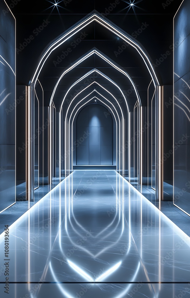 Poster 67. a sophisticated 3d stage with clean lines, soft lighting, and ample space for a product in the c