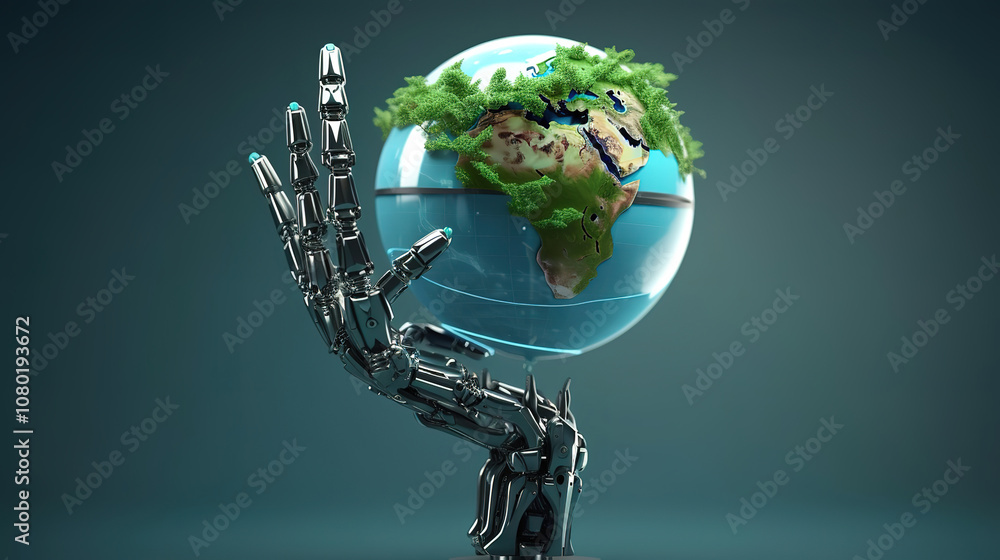 Poster superb globe and tree in robot hand with environment icon